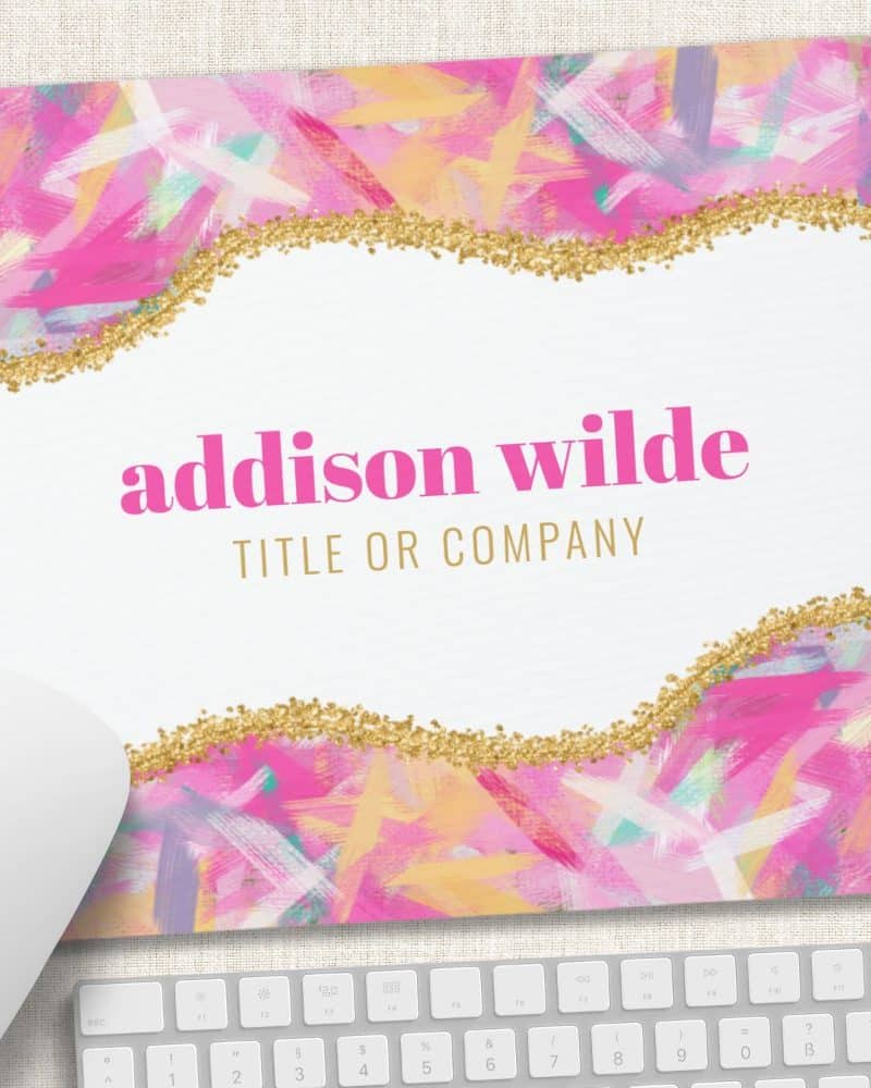 Pink and gold mousepad with the name Addison Wilde and space for a title or company name.