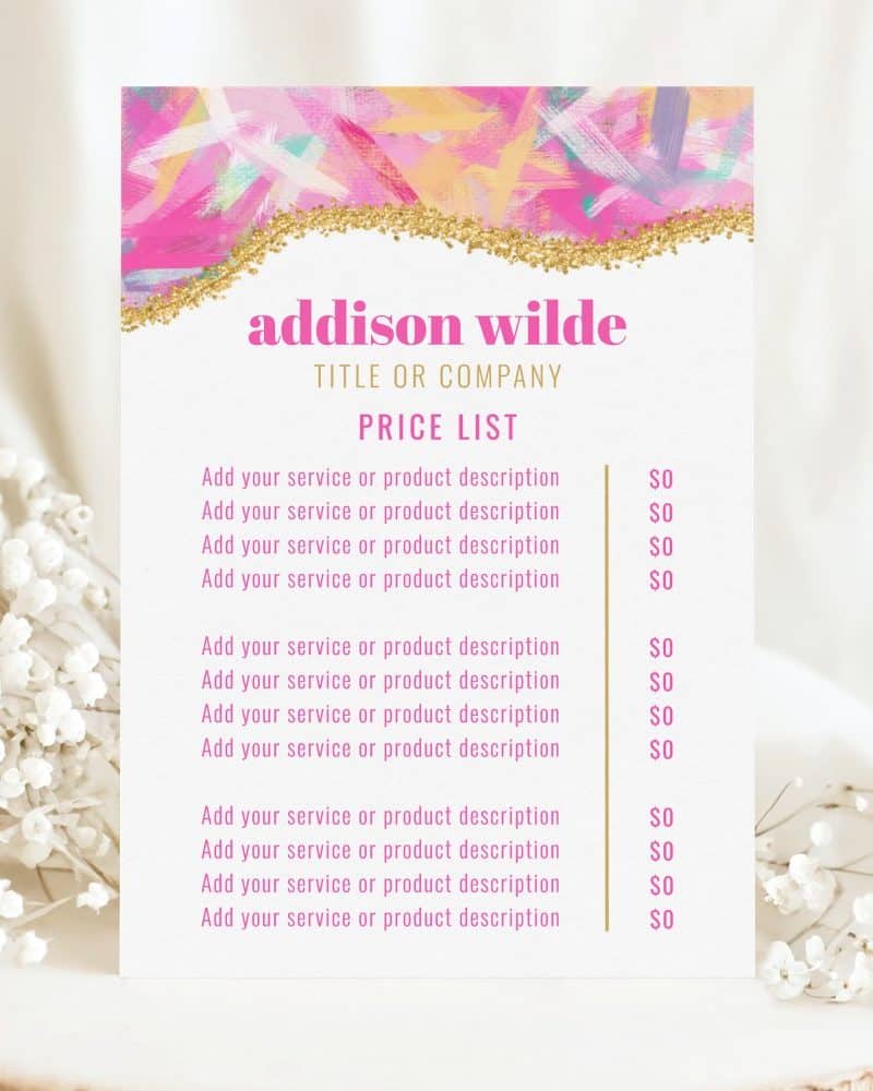Addison Wilde price list with pink and gold design.