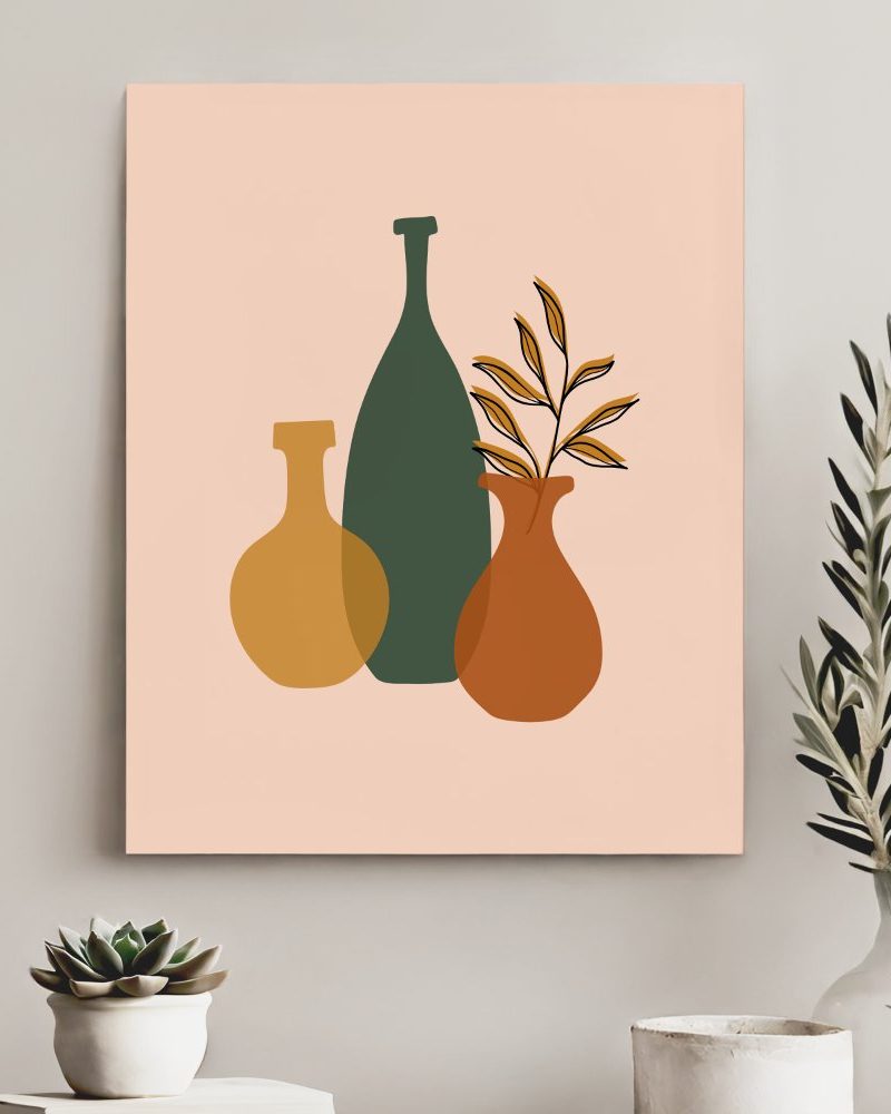 Abstract art print of three vases and a sprig.