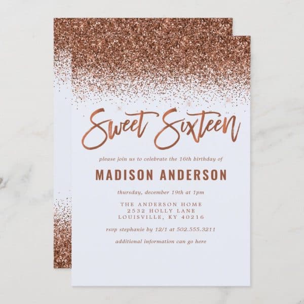 Rose Gold Glitter Sweet Sixteen Invitation For Madison Anderson.