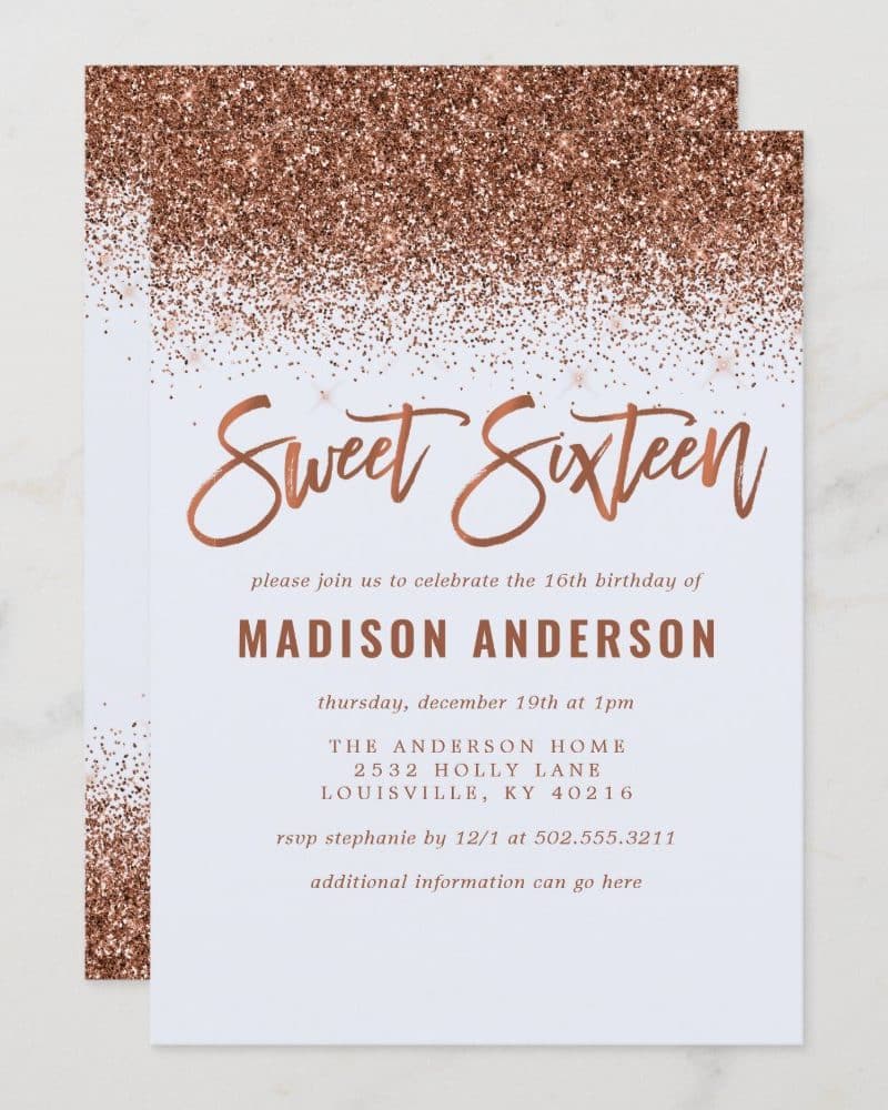 Rose gold glitter Sweet Sixteen invitation for Madison Anderson.