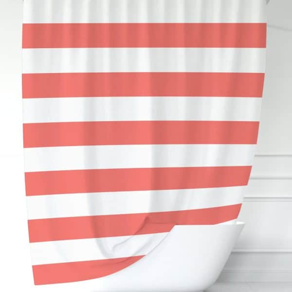 Coral And White Striped Shower Curtain.