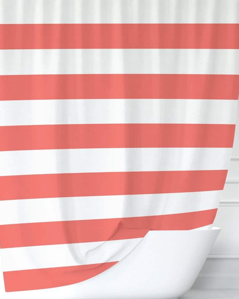 Coral and white striped shower curtain.