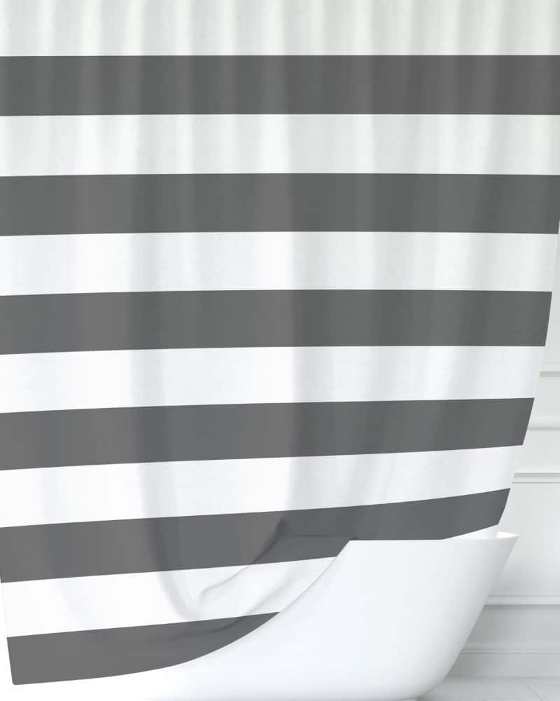 Gray and white striped shower curtain.
