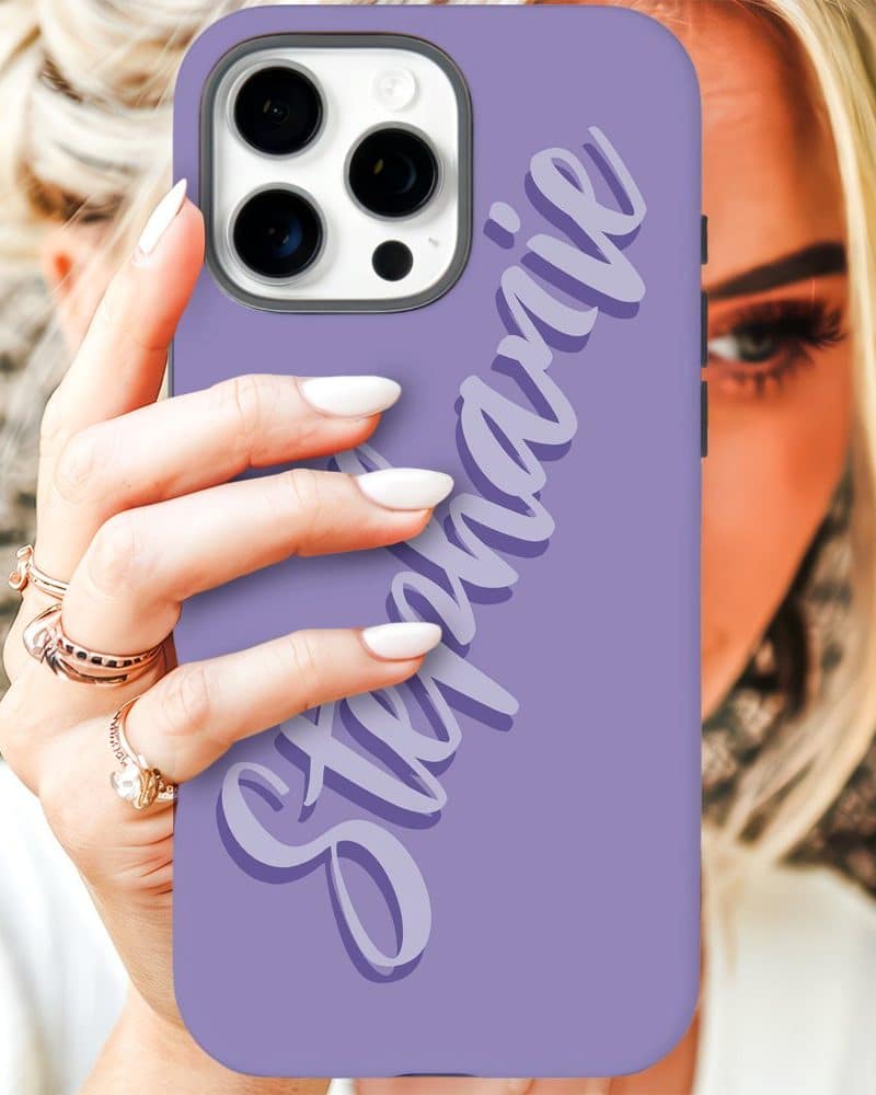 Purple iPhone case with the name Stephanie in a stylized script.