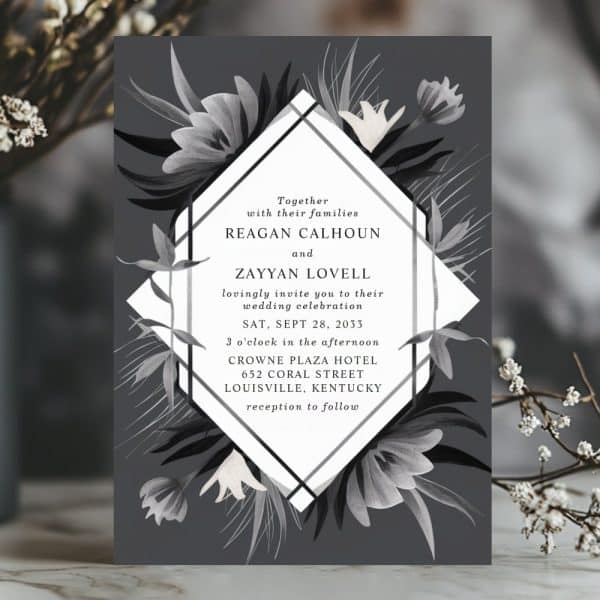 Wedding Invitation With Black And White Floral Design.