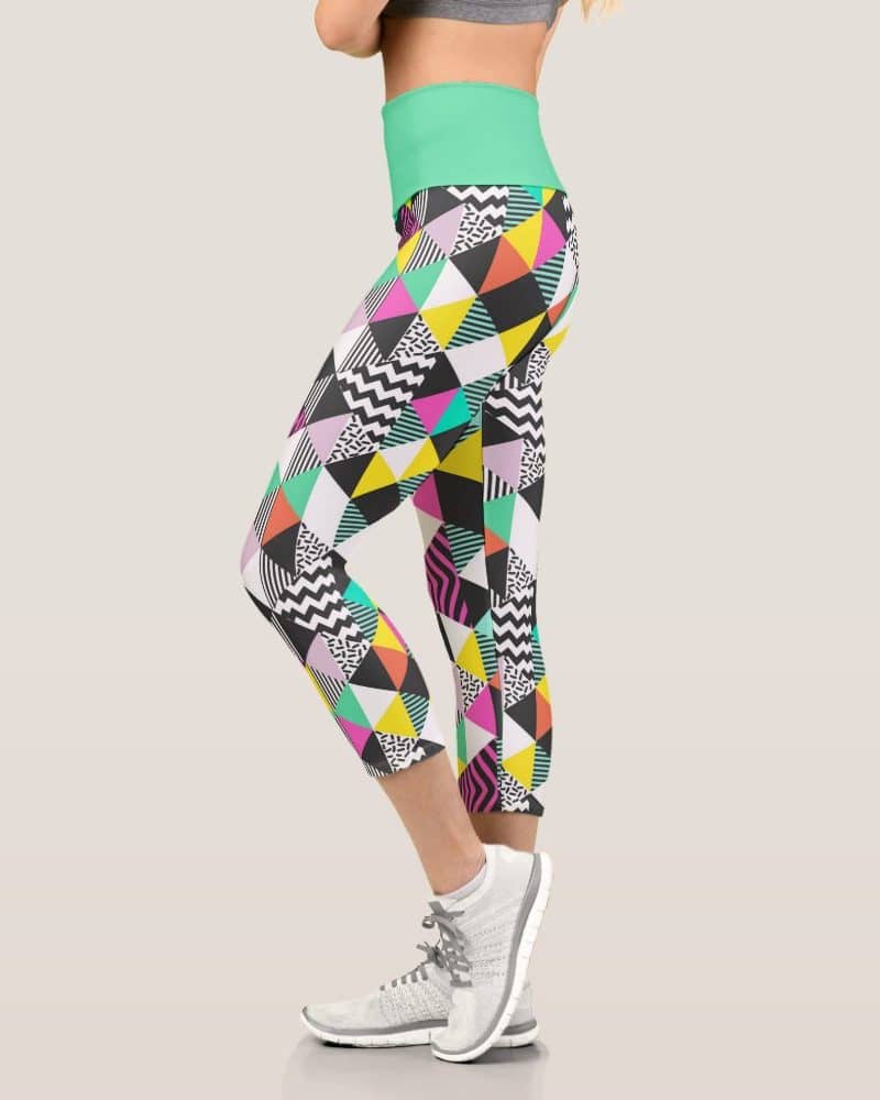 Woman's cropped leggings with a geometric, multicolored print.
