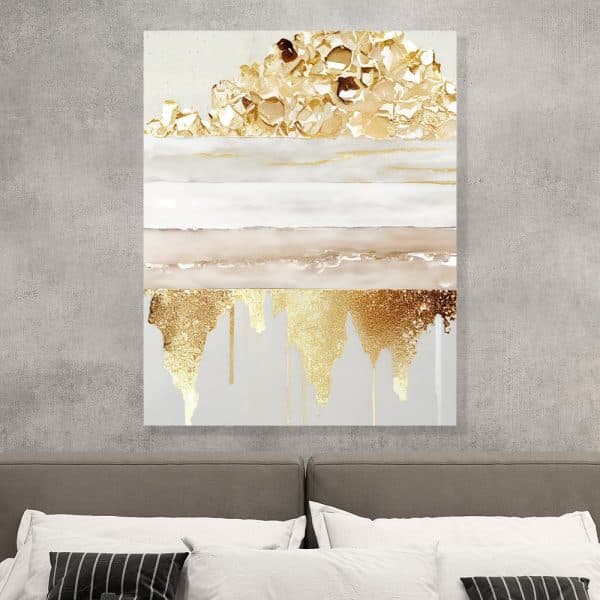 Abstract Painting Of Gold And Beige Dripping Paint On A Light Gray Background.