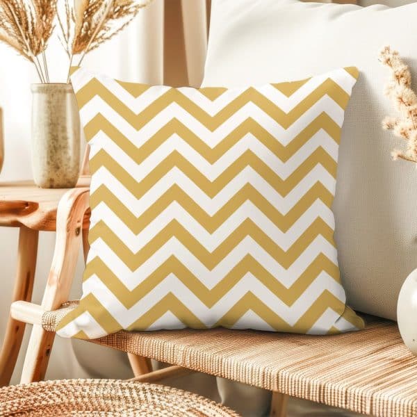 Gold And White Chevron Patterned Throw Pillow.