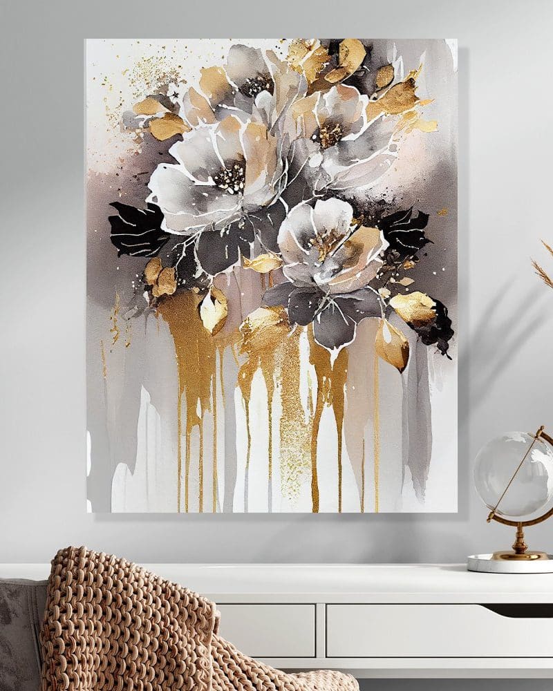 Abstract painting of gray and gold flowers.