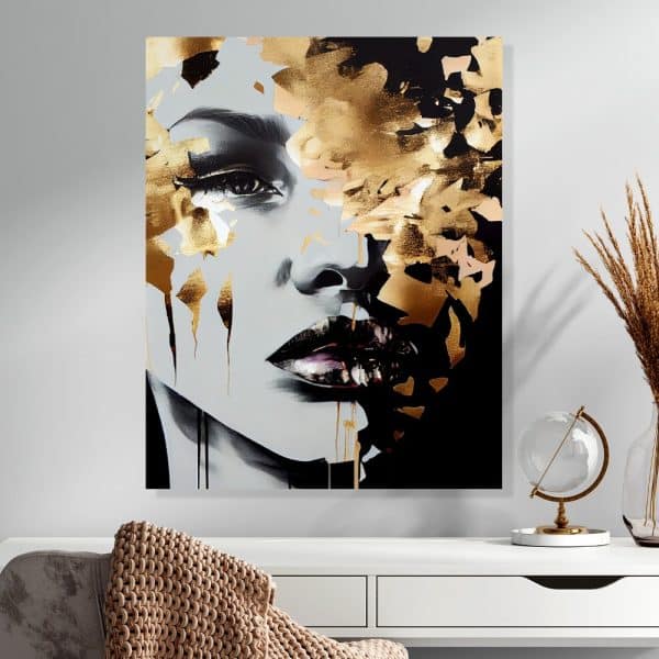 Abstract Portrait Of A Woman'S Face, Partially Obscured By Gold And Black Paint Splatter.