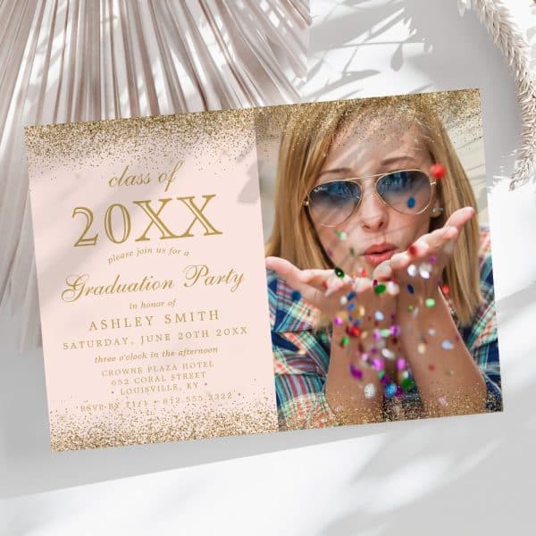 Graduation Party Invitation With A Photo Of A Young Woman Blowing Confetti.
