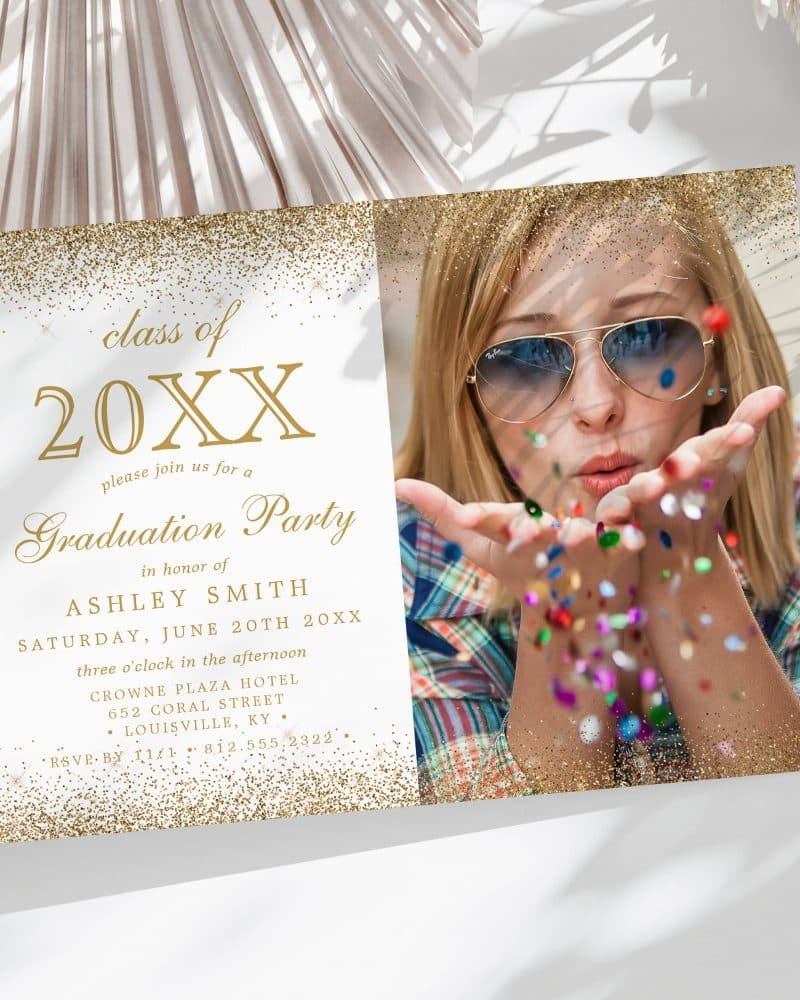Graduation party invitation for Ashley Smith, class of 20XX, featuring a photo of her blowing confetti.