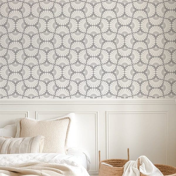 Grey Wallpaper With A Repeating Pattern Of Off-White Stylized Fans.