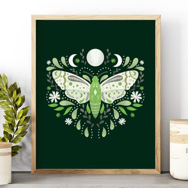 Green Moth Illustration On A Dark Green Background, Surrounded By Flowers And Crescent Moons.