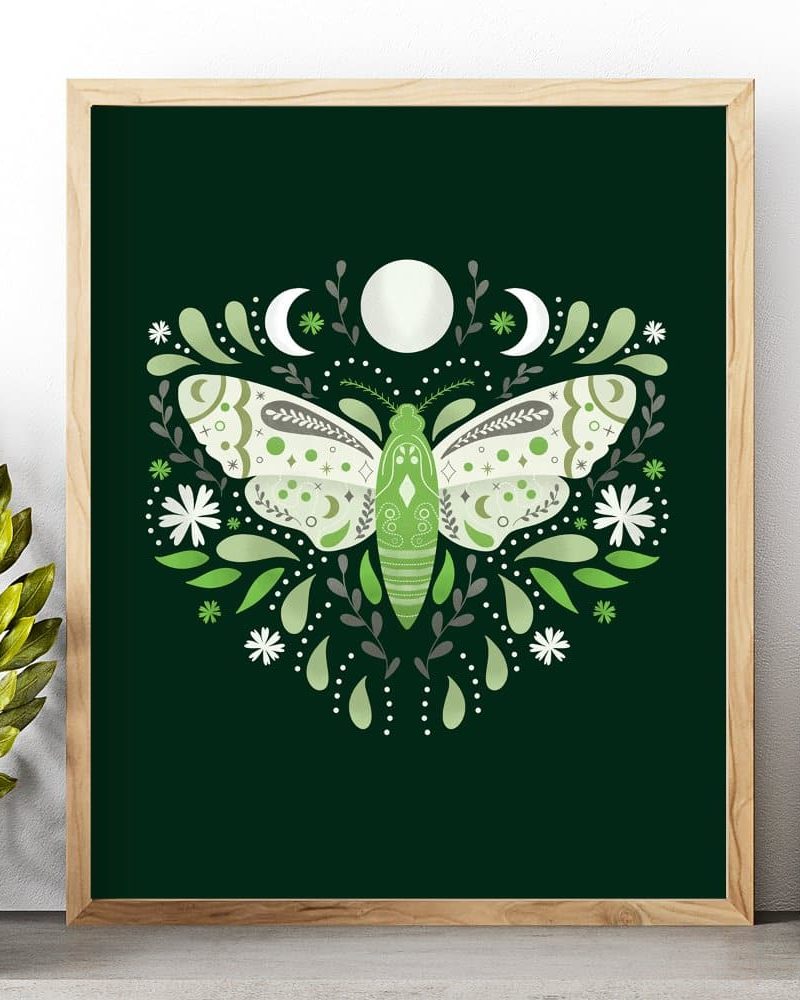 Green moth illustration on a dark green background, surrounded by flowers and crescent moons.