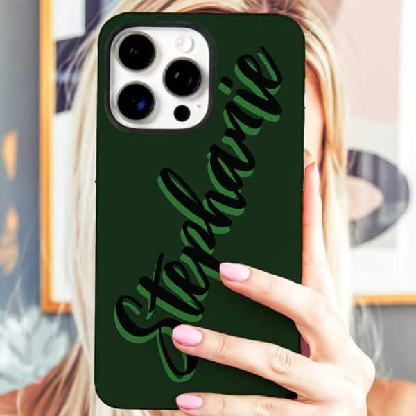 Dark Green Phone Case With The Name Stephanie In Stylized Dark Green Lettering.