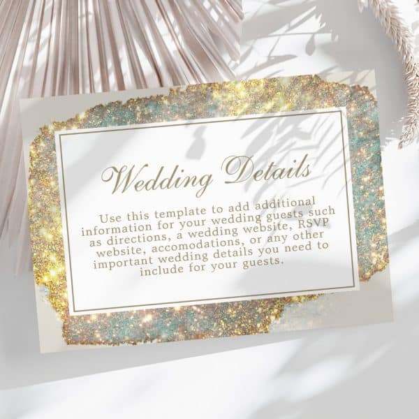 Wedding Details Card With Gold Glitter Design.