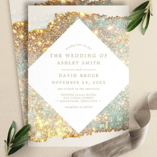 Wedding Invitation For Ashley Smith And David Brock, November 24, At The Crowne Plaza Hotel In Louisville, Kentucky. The Invitation Features A Gold And Teal Glitter Design.