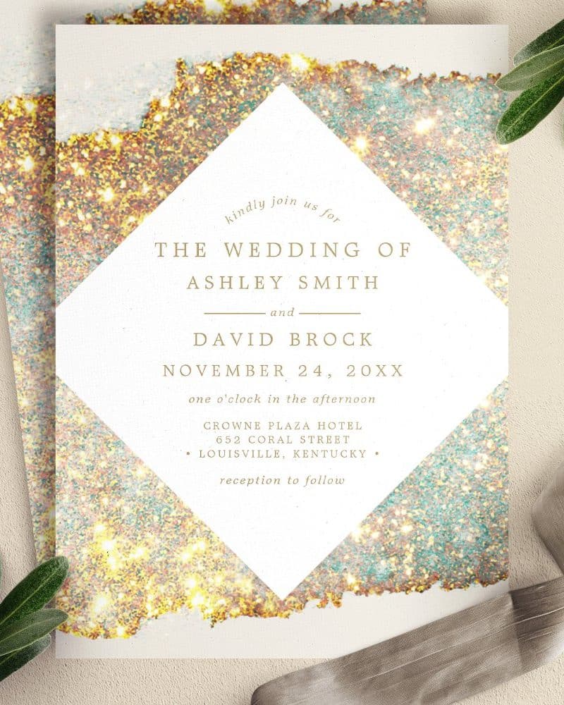 Wedding invitation for Ashley Smith and David Brock, November 24, at the Crowne Plaza Hotel in Louisville, Kentucky. The invitation features a gold and teal glitter design.