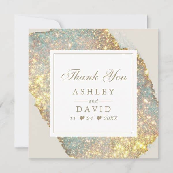 Thank You Card From Ashley And David, Featuring A Sparkly, Gold And Teal Design.