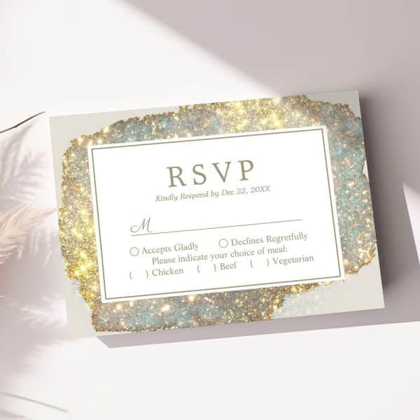 Rsvp Card With Gold And Teal Glitter Design, Requesting Response By December 22.