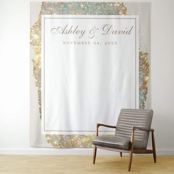 Wedding Guest Book Backdrop With Gold Glitter Border, Ashley &Amp; David'S Names, And Wedding Date.