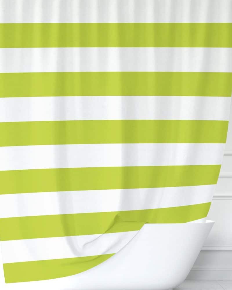 Lime green and white striped shower curtain.