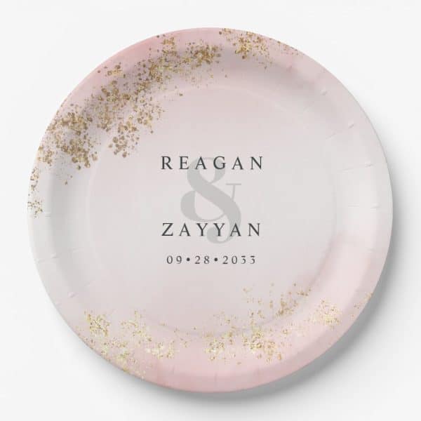 Modern Luxe Gold Flecks Blush Pink Mist Wedding Paper Plates