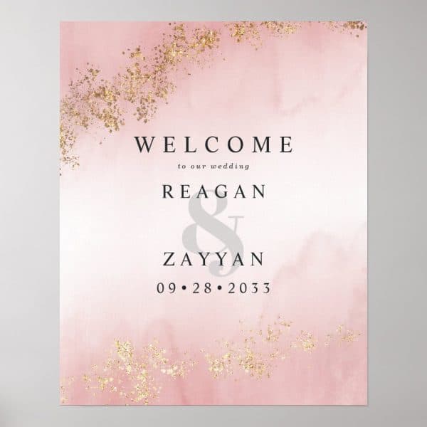 Modern Luxe Gold Flecks Blush Pink Wedding Welcome Poster