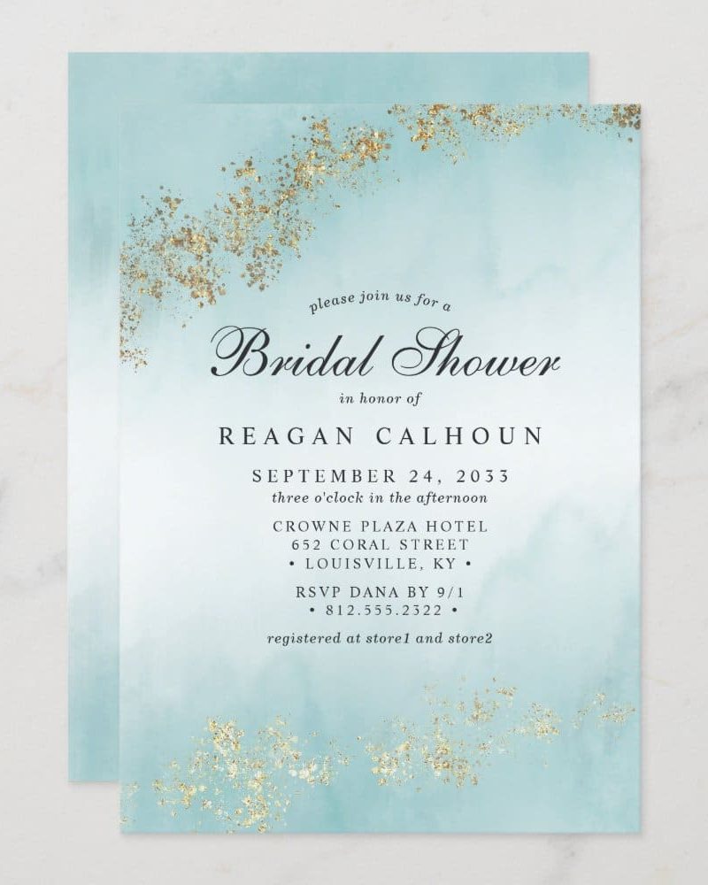 Light blue bridal shower invitation with gold glitter accents; details include the honoree's name and event date.