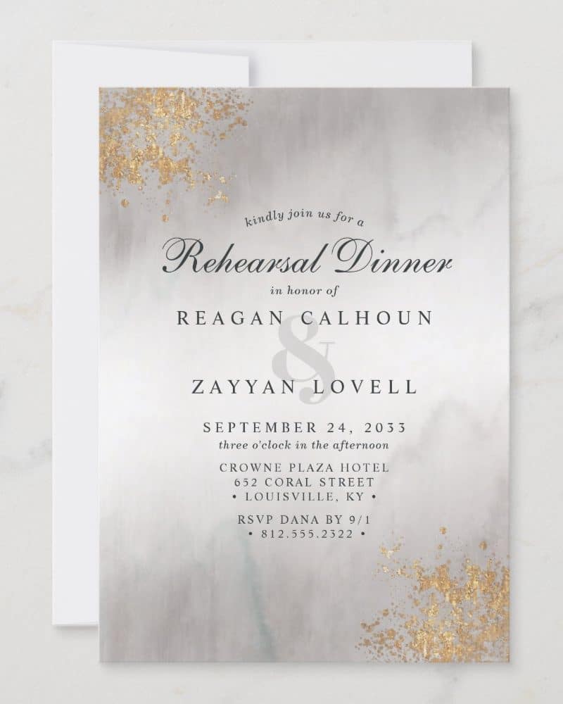 Rehearsal dinner invitation for Reagan Calhoun and Zayyan Lovell, September 24, 2033, at the Crowne Plaza Hotel in Louisville, KY.