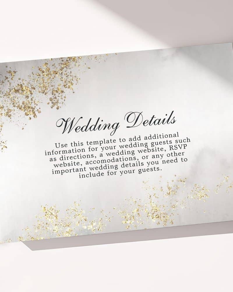 Wedding details card template with gold accents.
