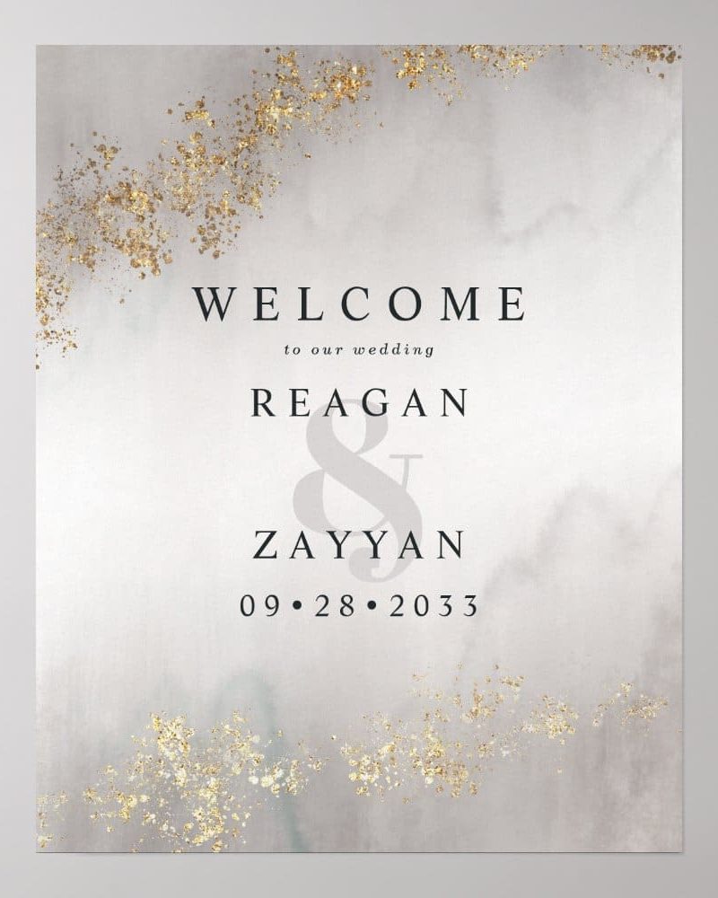 Modern Luxe Gold Flecks Gray Mist Wedding Welcome Poster