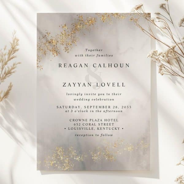 Wedding Invitation For Reagan Calhoun And Zayyan Lovell, Featuring A Grey And Gold Design.