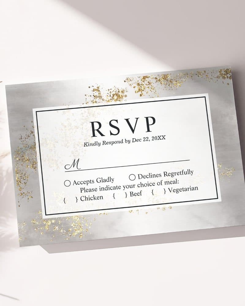 Elegant gray and gold RSVP card with options for meal choices.