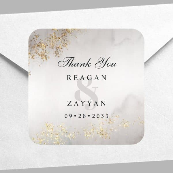 Square Wedding Thank You Sticker With Marble Background, Gold Glitter Accents, And The Names Reagan &Amp; Zayyan And Wedding Date 09.28.2033.