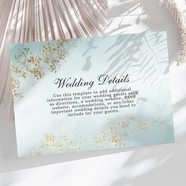 Light Blue Wedding Details Card With Gold Accents, Providing Space To Add Guest Information.