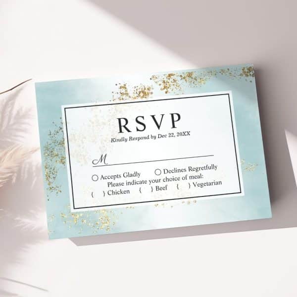 Rsvp Card With Light Blue Background, Gold Accents, And Meal Choices.