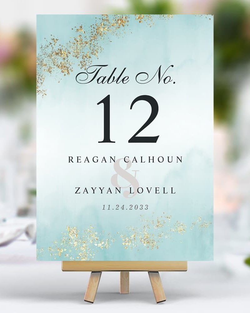 Modern Luxe Gold Flecks Teal Mist Wedding Table Number