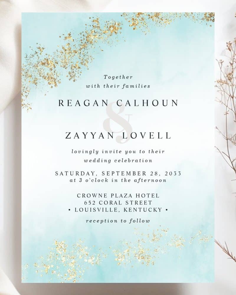 Wedding invitation for Reagan Calhoun and Zayyan Lovell, September 28, 2033, at the Crowne Plaza Hotel in Louisville, Kentucky.