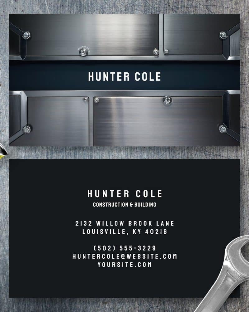 Two-sided business card for Hunter Cole Construction & Building, featuring a metallic design on the front and contact information on the back.