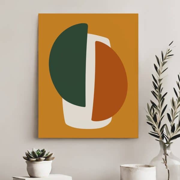 Abstract Art Print Featuring Overlapping Circles In Shades Of Orange, Green, And Off-White Against A Mustard Yellow Background.