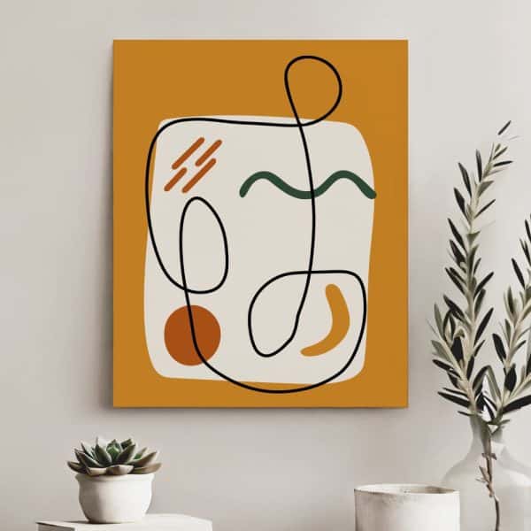 Abstract Art Print With Mustard Yellow Background, Featuring A Continuous Black Line Drawing And Shapes In Muted Orange And Green.