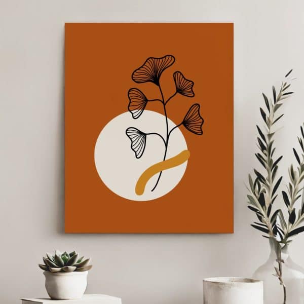 Abstract Art Print Of A Stylized Floral Branch With Ginkgo-Like Leaves, In Black And Off-White, Set Against A Burnt Orange Background And A Beige Circle.