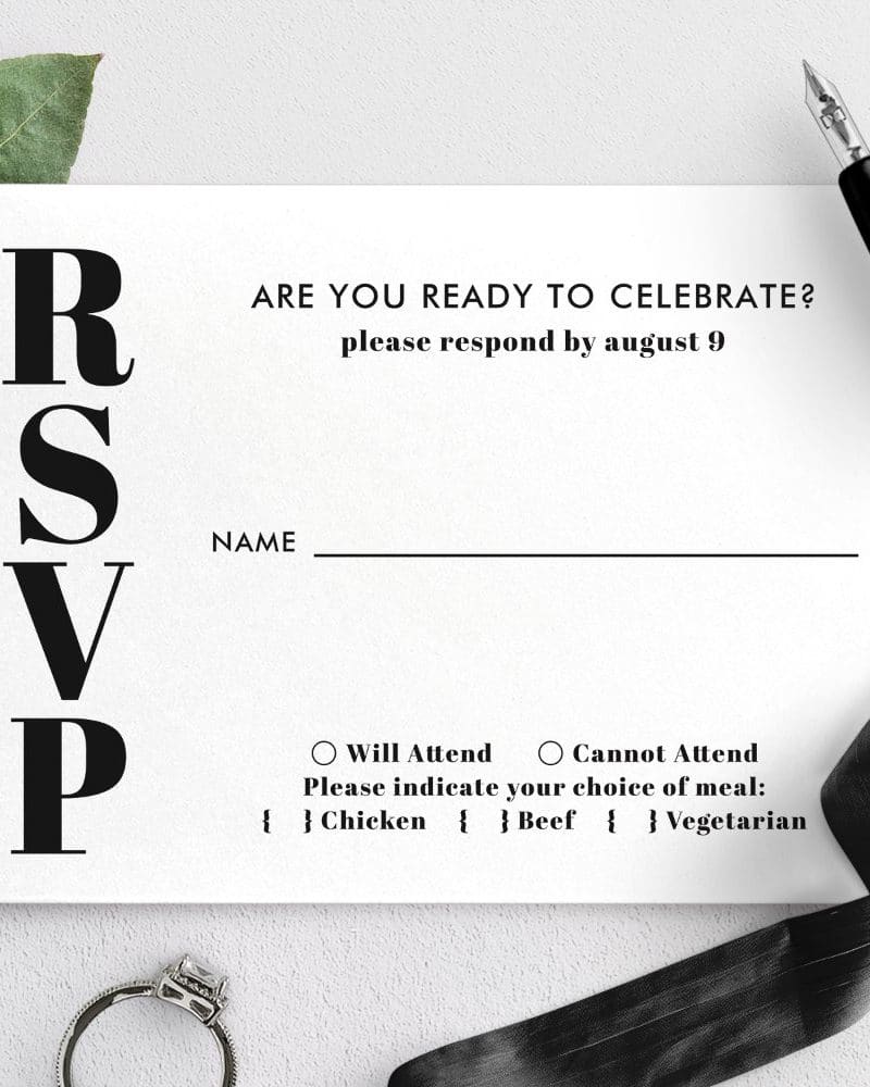 RSVP card with a request to respond by August 9, including space for name and meal choice.