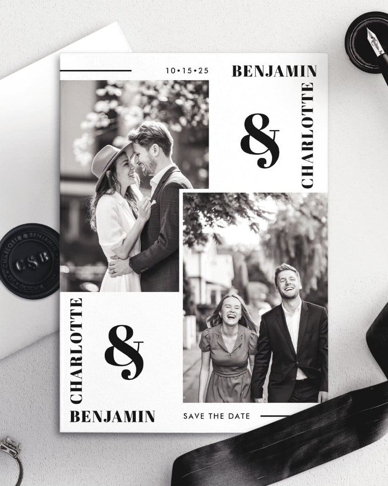 Black and white save the date featuring two photos of a happy couple, one embracing and one walking. The names Benjamin and Charlotte are displayed with an ampersand. The date is also included.