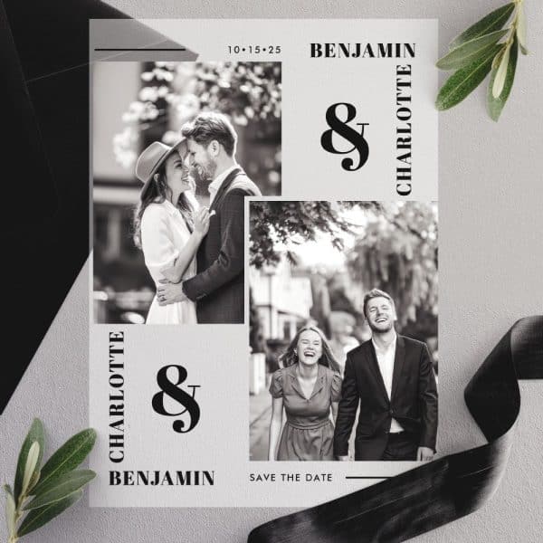 Black And White Save The Date Featuring Two Photos Of A Happy Couple.
