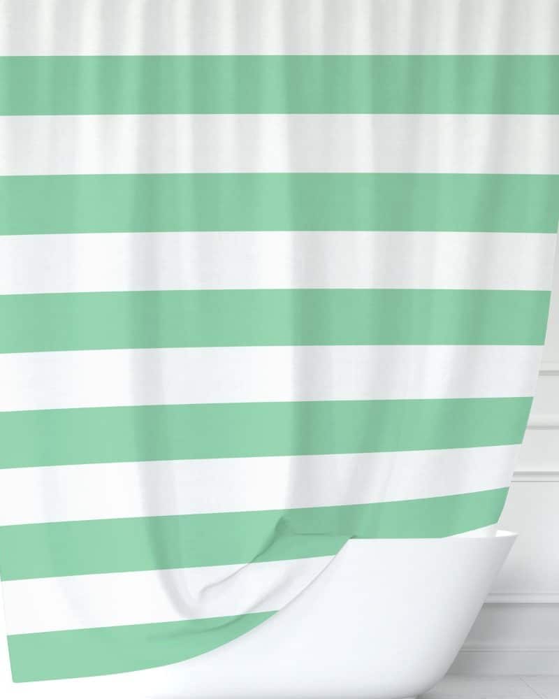Mint green and white striped shower curtain.
