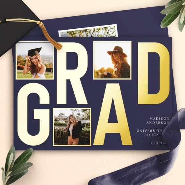 Graduation Announcement With Gold Grad Lettering On A Navy Background And Four Photos Of The Graduate.